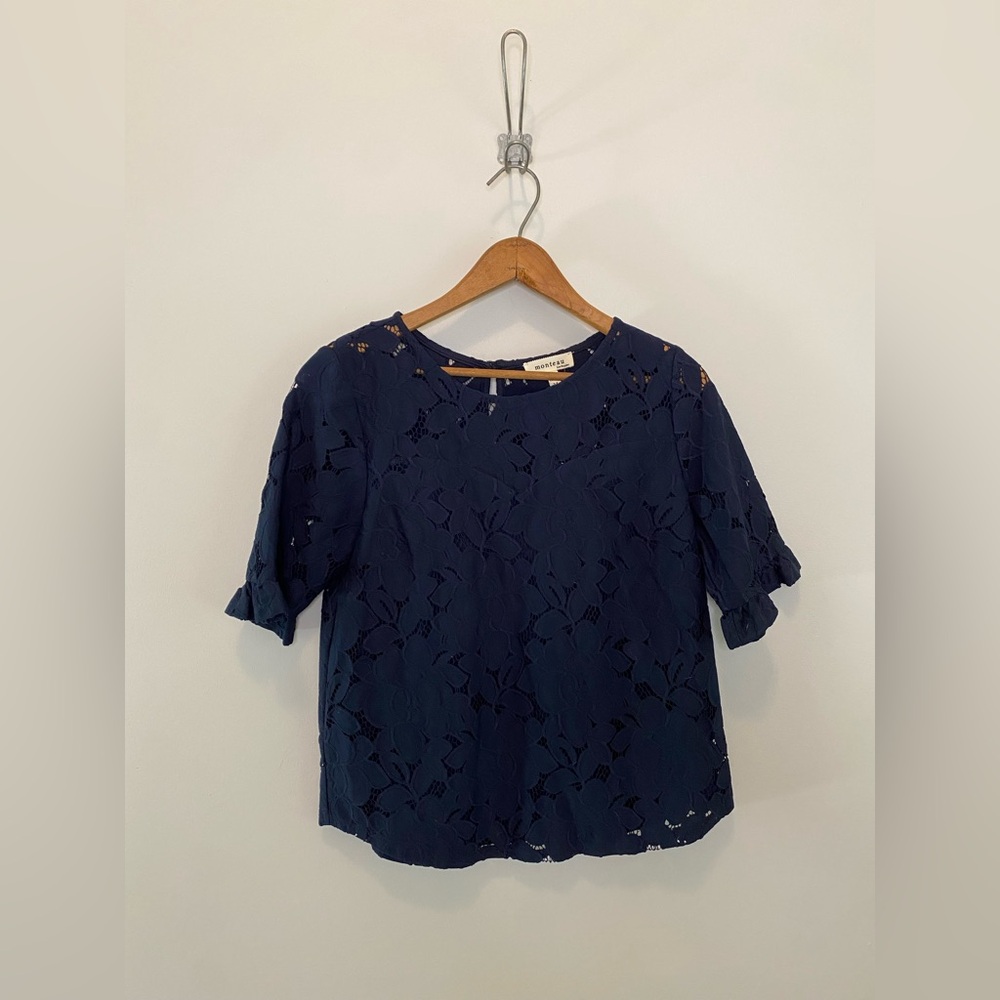 Monteau Navy Floral Lace Short Sleeve Blouse